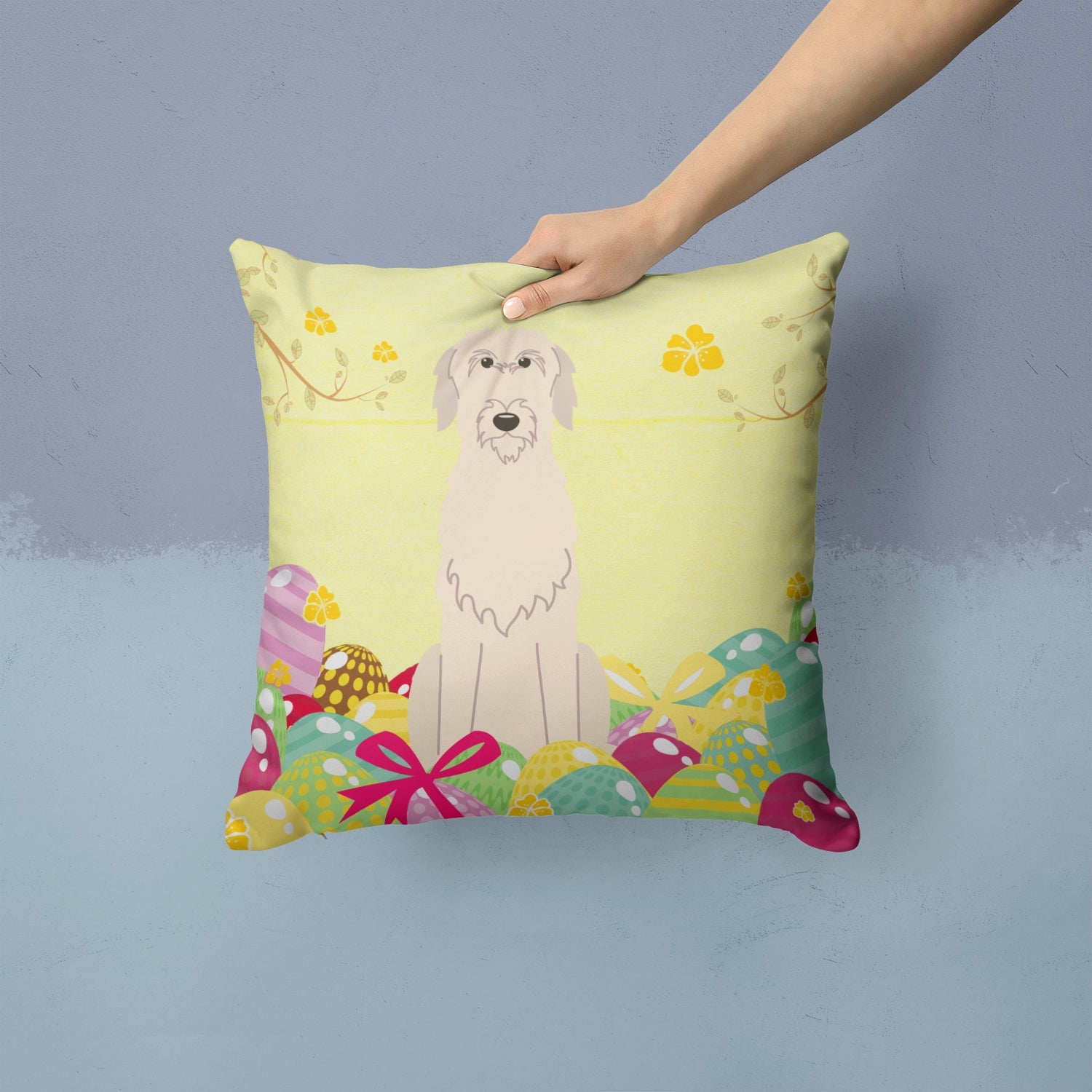 Easter Eggs Irish Wolfhound Decorative Throw Pillow 14x14 Indoor Outdoor Accent Cushion, Fabric Cover with Insert for Sofa, Bed, Porch & Living Room