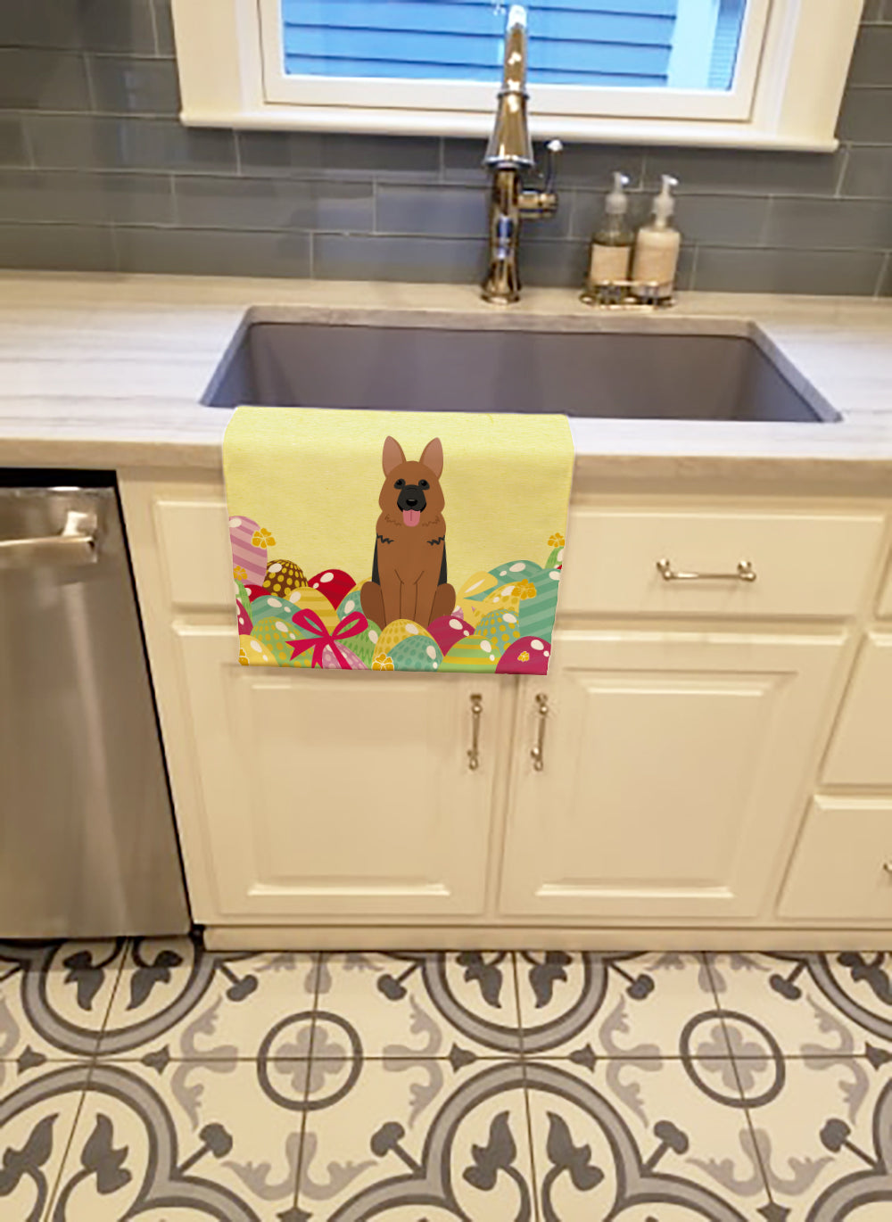 Easter Eggs German Shepherd Kitchen Towel Velour Plush Front and Cotton Loop Back Machine Washable