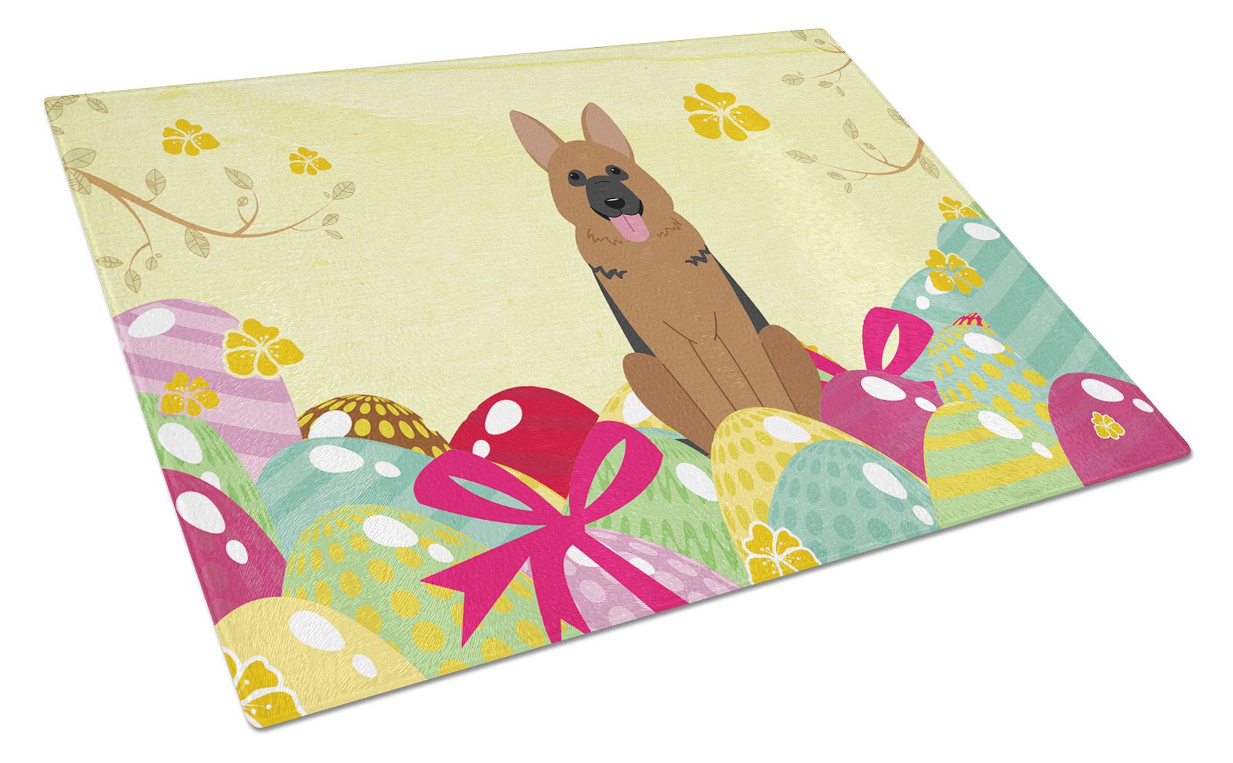 Easter Eggs German Shepherd Cutting Board Tempered Glass Kitchen Cutting Surface, Heat Resistant Chopping, Non-Slip Feet, Food Prep & Serving