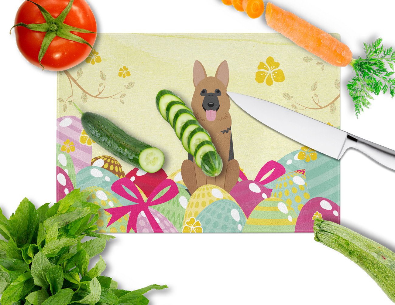 Easter Eggs German Shepherd Cutting Board Tempered Glass Kitchen Cutting Surface, Heat Resistant Chopping, Non-Slip Feet, Food Prep & Serving