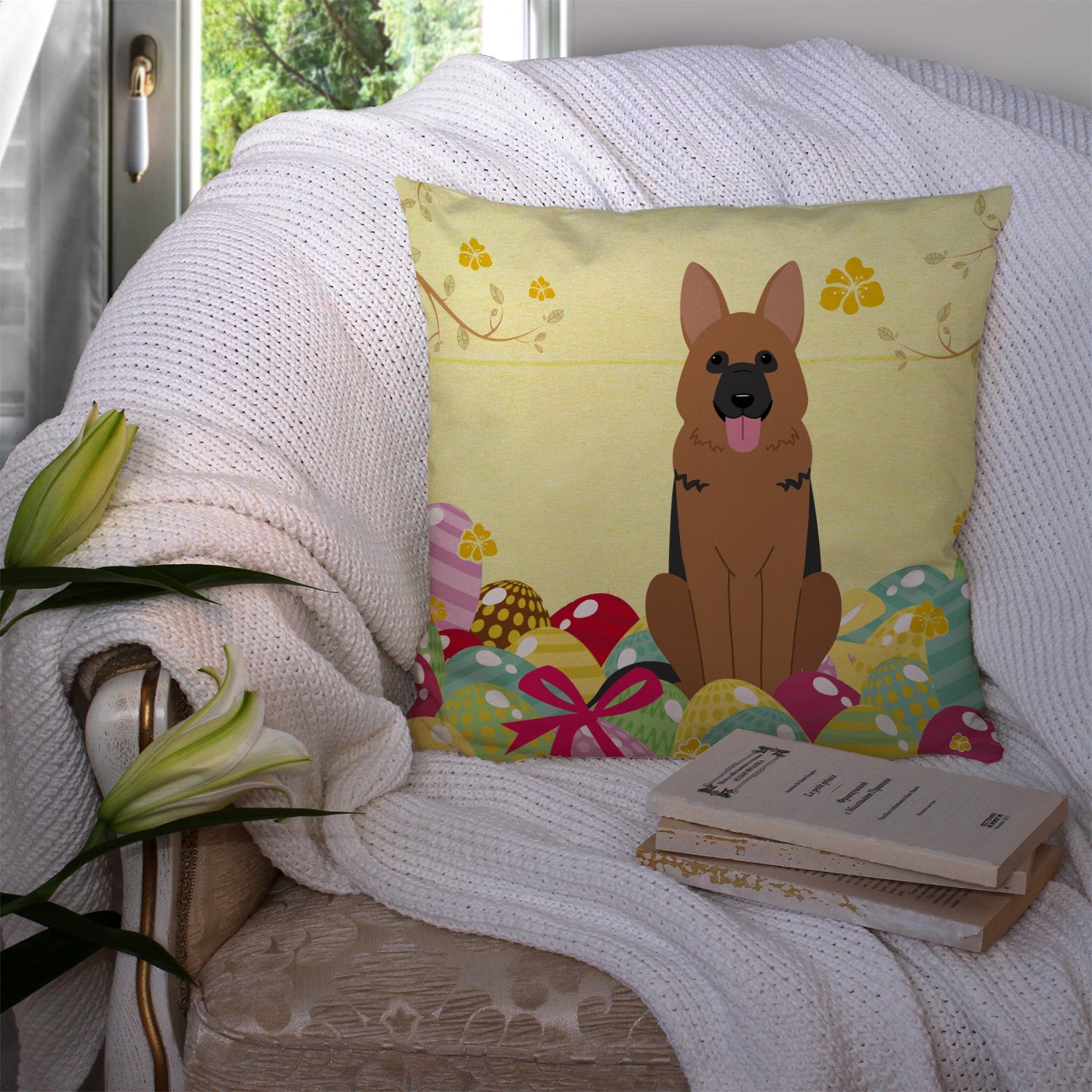 Easter Eggs German Shepherd Decorative Throw Pillow 14x14 Indoor Outdoor Accent Cushion, Fabric Cover with Insert for Sofa, Bed, Porch & Living Room