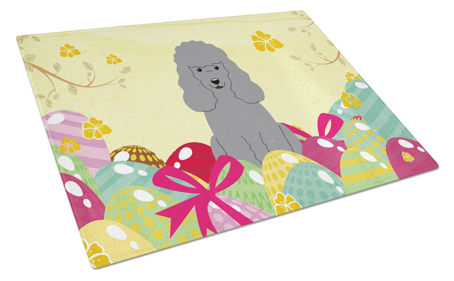Easter Eggs Poodle Silver Cutting Board Tempered Glass Kitchen Cutting Surface, Heat Resistant Chopping, Non-Slip Feet, Food Prep & Serving