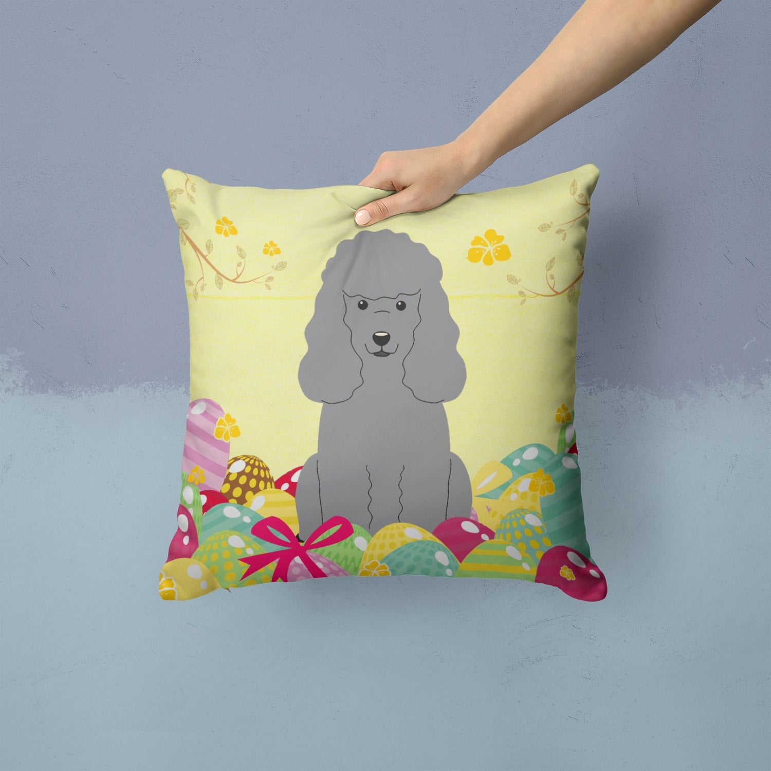 Easter Eggs Poodle Silver Decorative Throw Pillow 14x14 Indoor Outdoor Accent Cushion, Fabric Cover with Insert for Sofa, Bed, Porch & Living Room