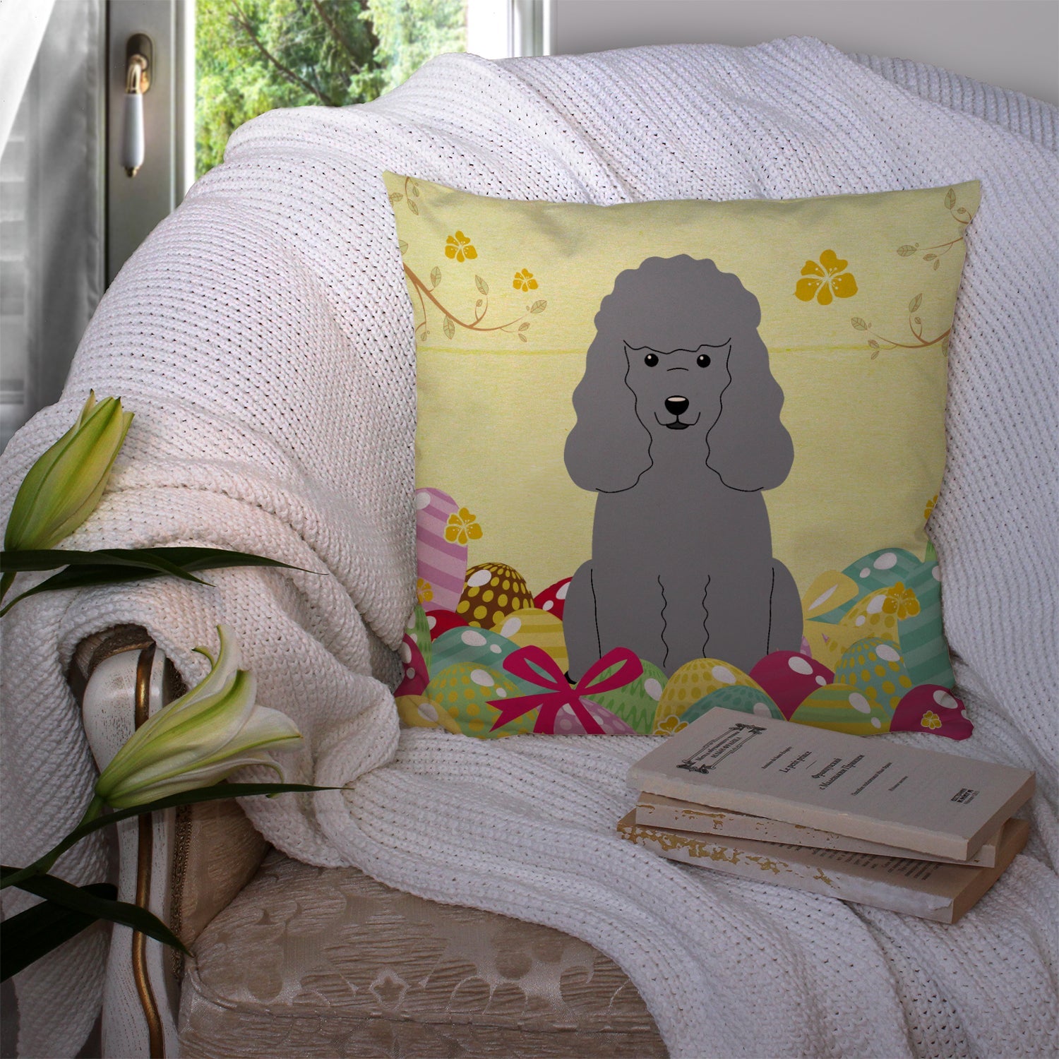 Easter Eggs Poodle Silver Decorative Throw Pillow 14x14 Indoor Outdoor Accent Cushion, Fabric Cover with Insert for Sofa, Bed, Porch & Living Room