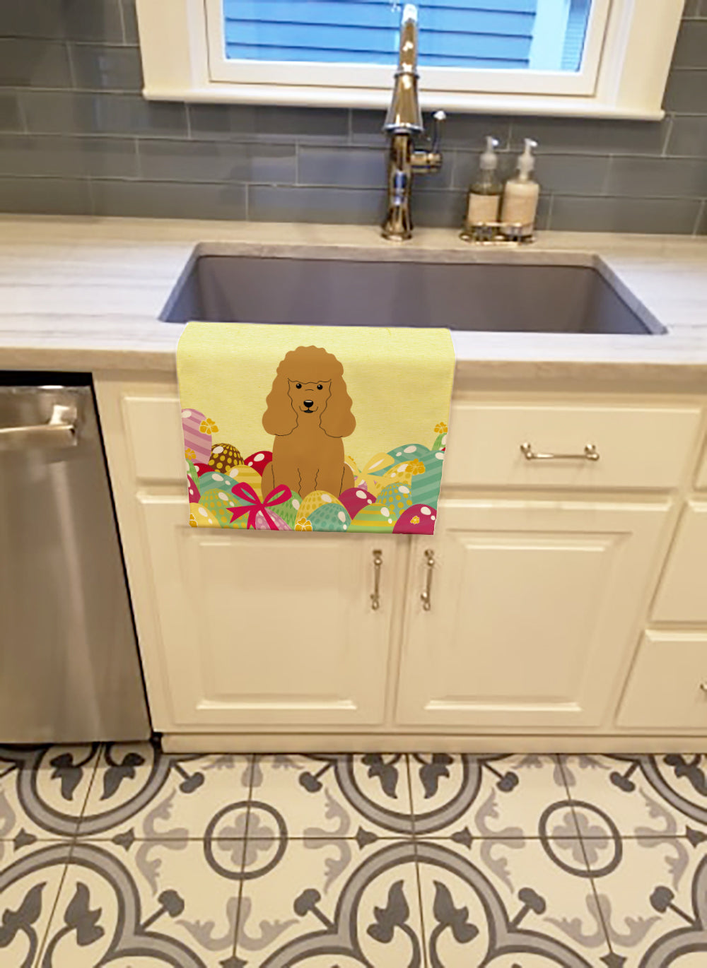 Easter Eggs Poodle Tan Kitchen Towel Velour Plush Front and Cotton Loop Back Machine Washable