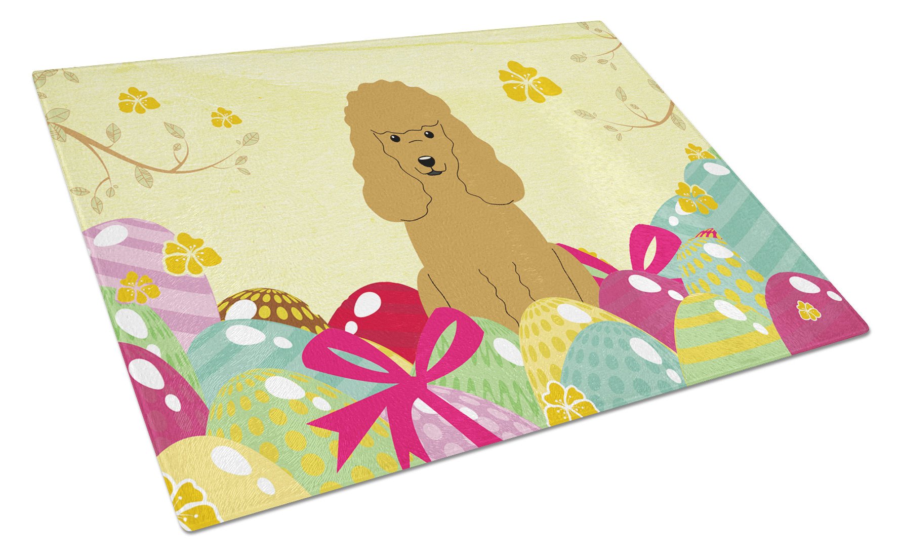 Easter Eggs Poodle Tan Cutting Board Tempered Glass Kitchen Cutting Surface, Heat Resistant Chopping, Non-Slip Feet, Food Prep & Serving
