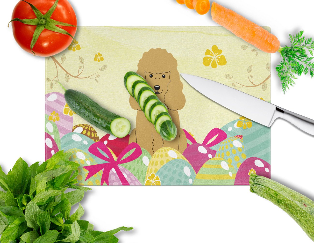 Easter Eggs Poodle Tan Cutting Board Tempered Glass Kitchen Cutting Surface, Heat Resistant Chopping, Non-Slip Feet, Food Prep & Serving