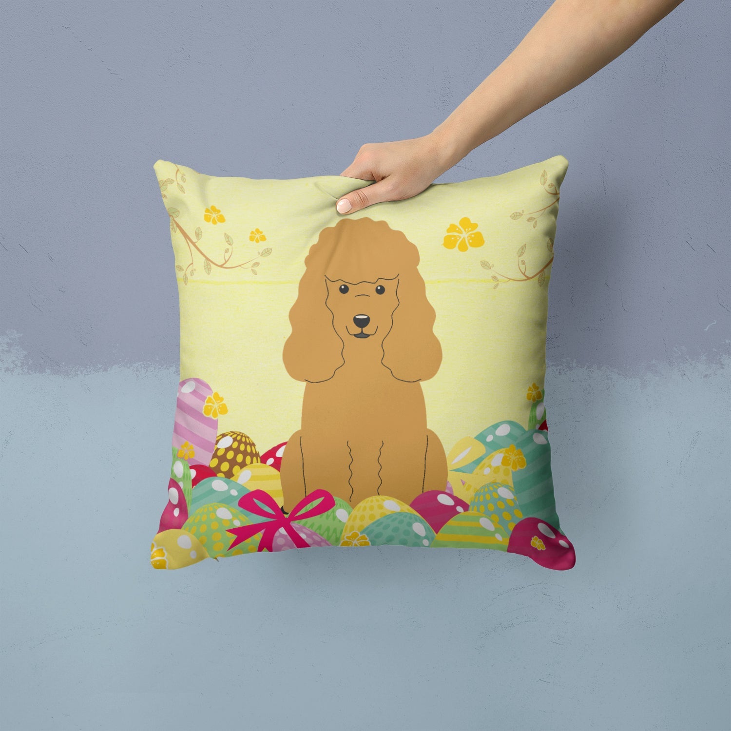 Easter Eggs Poodle Tan Decorative Throw Pillow 14x14 Indoor Outdoor Accent Cushion, Fabric Cover with Insert for Sofa, Bed, Porch & Living Room
