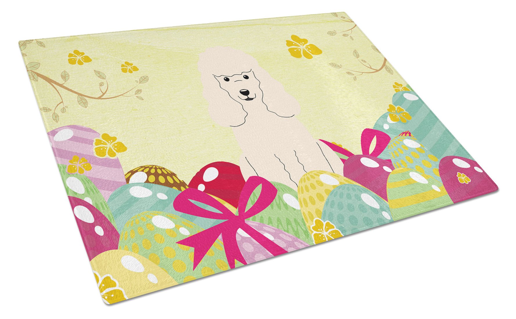 Easter Eggs Poodle White Cutting Board Tempered Glass Kitchen Cutting Surface, Heat Resistant Chopping, Non-Slip Feet, Food Prep & Serving