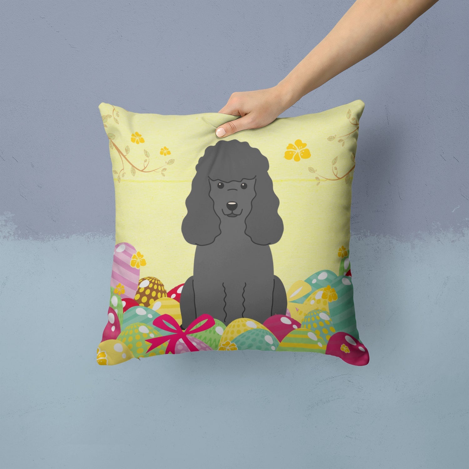 Easter Eggs Poodle Black Decorative Throw Pillow 14x14 Indoor Outdoor Accent Cushion, Fabric Cover with Insert for Sofa, Bed, Porch & Living Room