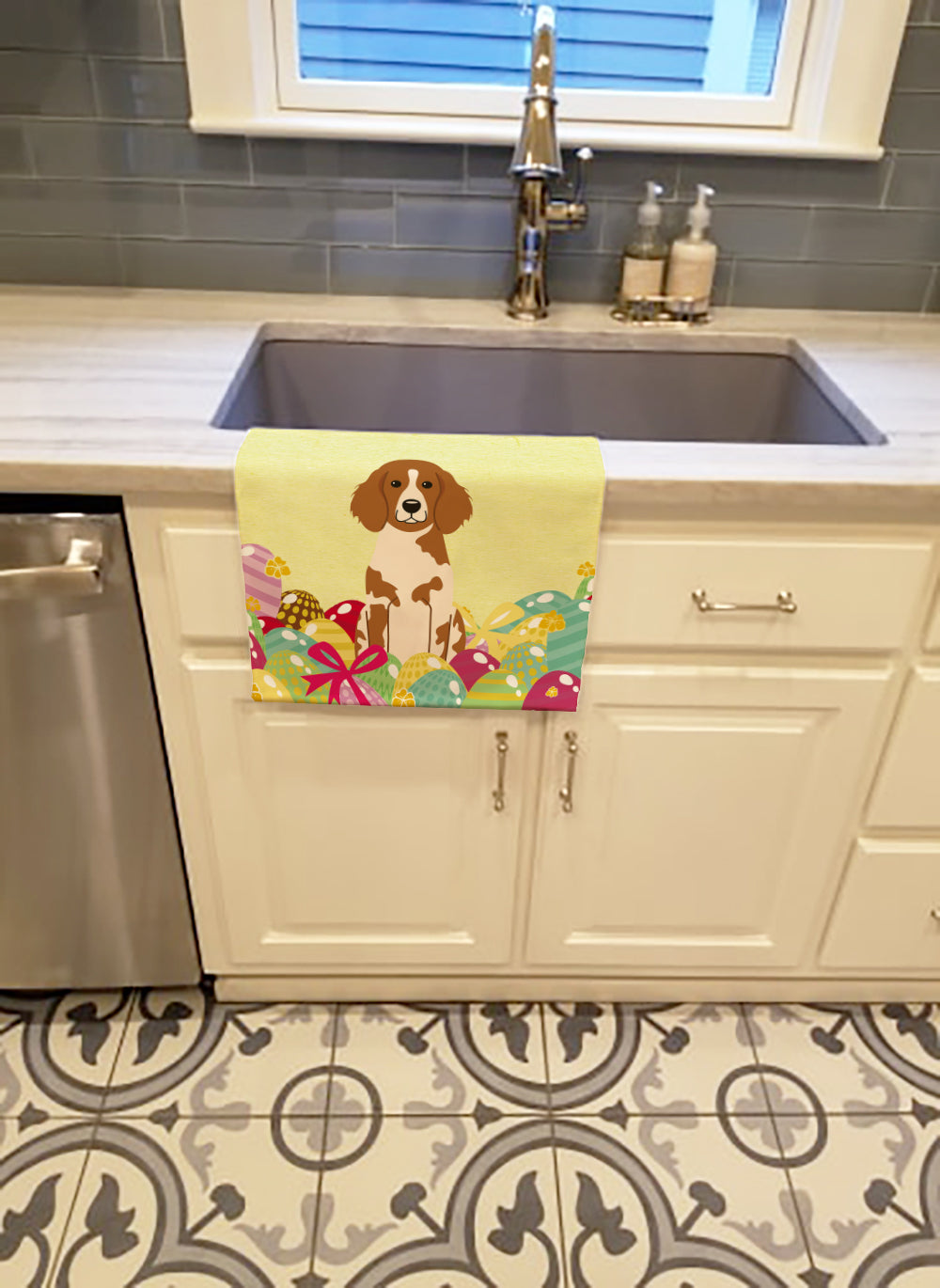 Easter Eggs Brittany Spaniel Kitchen Towel Velour Plush Front and Cotton Loop Back Machine Washable