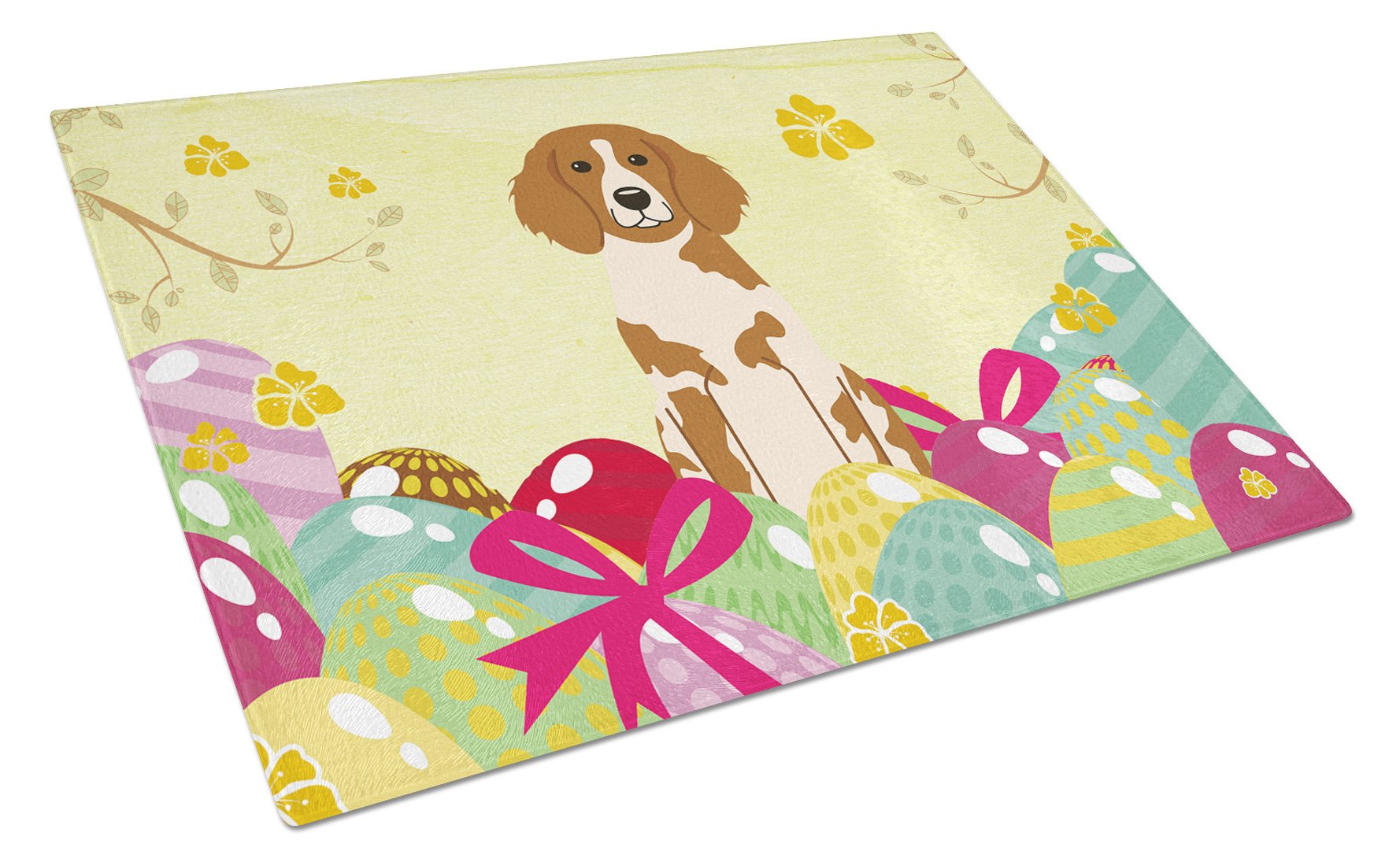 Easter Eggs Brittany Spaniel Cutting Board Tempered Glass Kitchen Cutting Surface, Heat Resistant Chopping, Non-Slip Feet, Food Prep & Serving