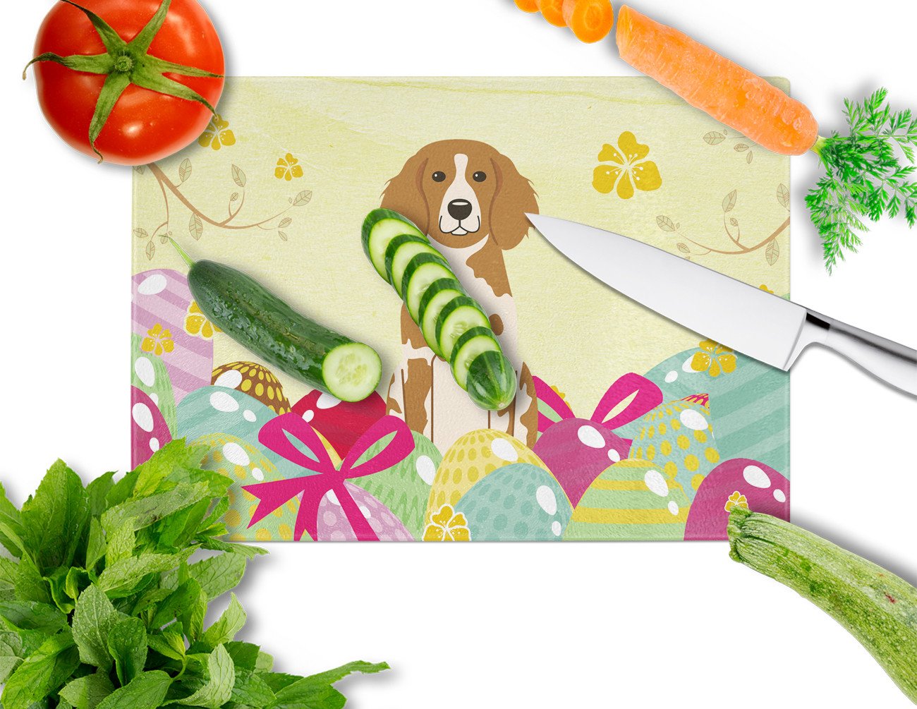 Easter Eggs Brittany Spaniel Cutting Board Tempered Glass Kitchen Cutting Surface, Heat Resistant Chopping, Non-Slip Feet, Food Prep & Serving