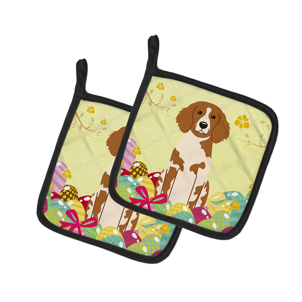 Easter Eggs Brittany Spaniel Pot Holder Set of 2 Heat Resistant Quilted Hot Pads 7.5 x 7.5 Inch, Insulated Kitchen Trivets for Cooking & Baking