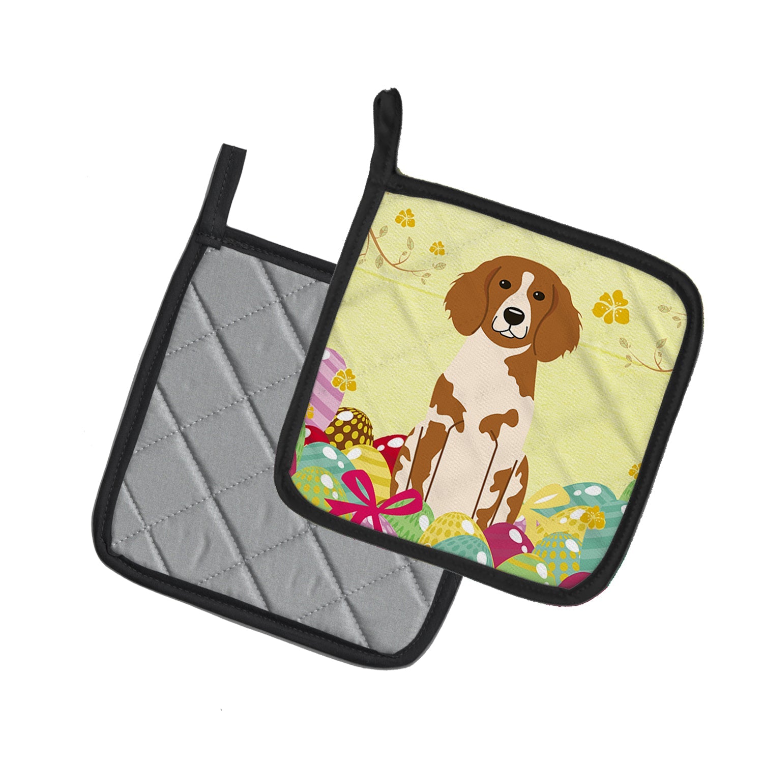 Easter Eggs Brittany Spaniel Pot Holder Set of 2 Heat Resistant Quilted Hot Pads 7.5 x 7.5 Inch, Insulated Kitchen Trivets for Cooking & Baking