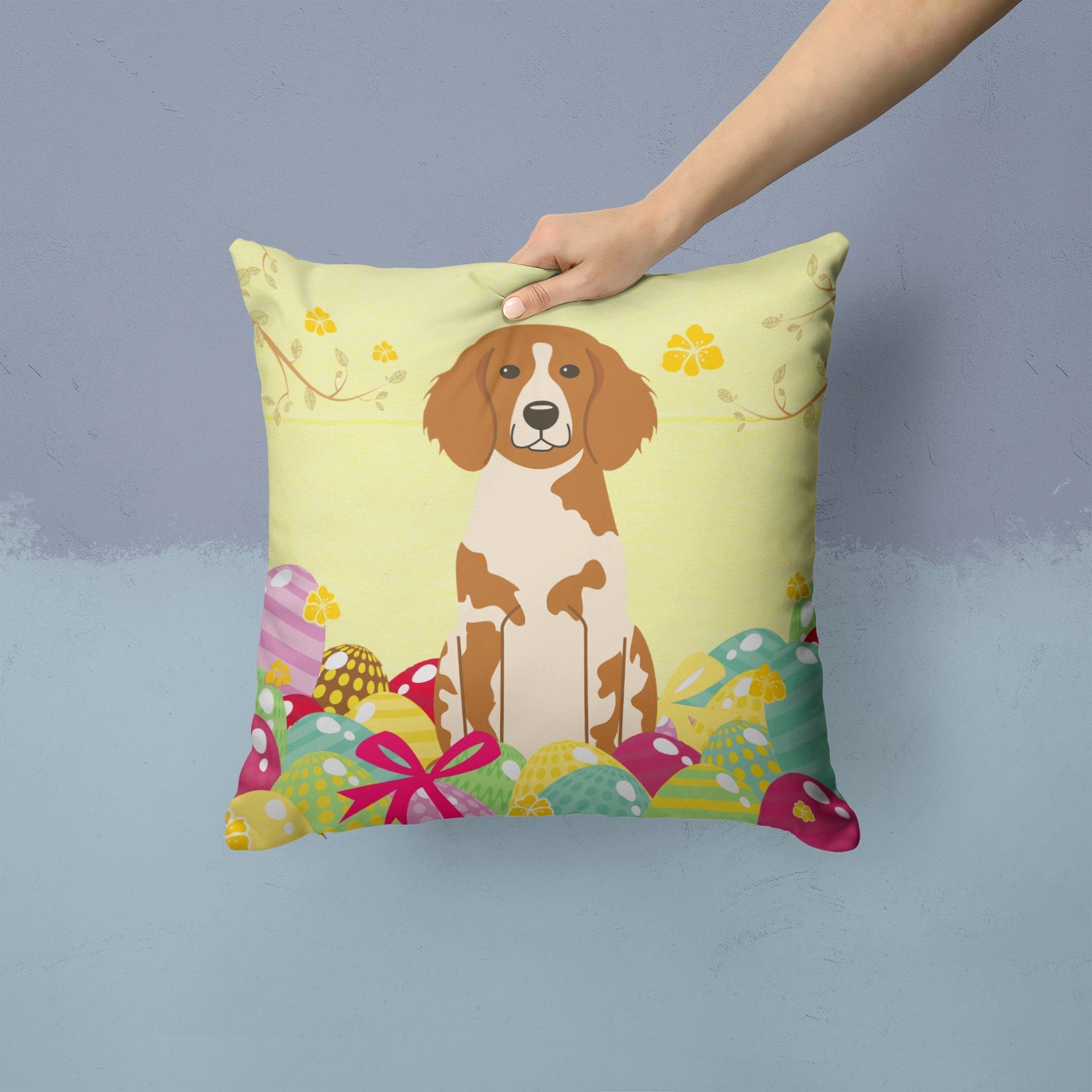 Easter Eggs Brittany Spaniel Decorative Throw Pillow 14x14 Indoor Outdoor Accent Cushion, Fabric Cover with Insert for Sofa, Bed, Porch & Living Room