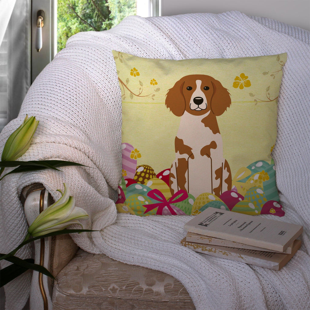 Easter Eggs Brittany Spaniel Decorative Throw Pillow 14x14 Indoor Outdoor Accent Cushion, Fabric Cover with Insert for Sofa, Bed, Porch & Living Room