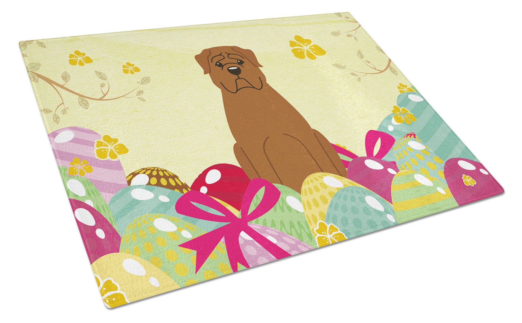 Easter Eggs Dogue de Bourdeaux Cutting Board Tempered Glass Kitchen Cutting Surface, Heat Resistant Chopping, Non-Slip Feet, Food Prep & Serving