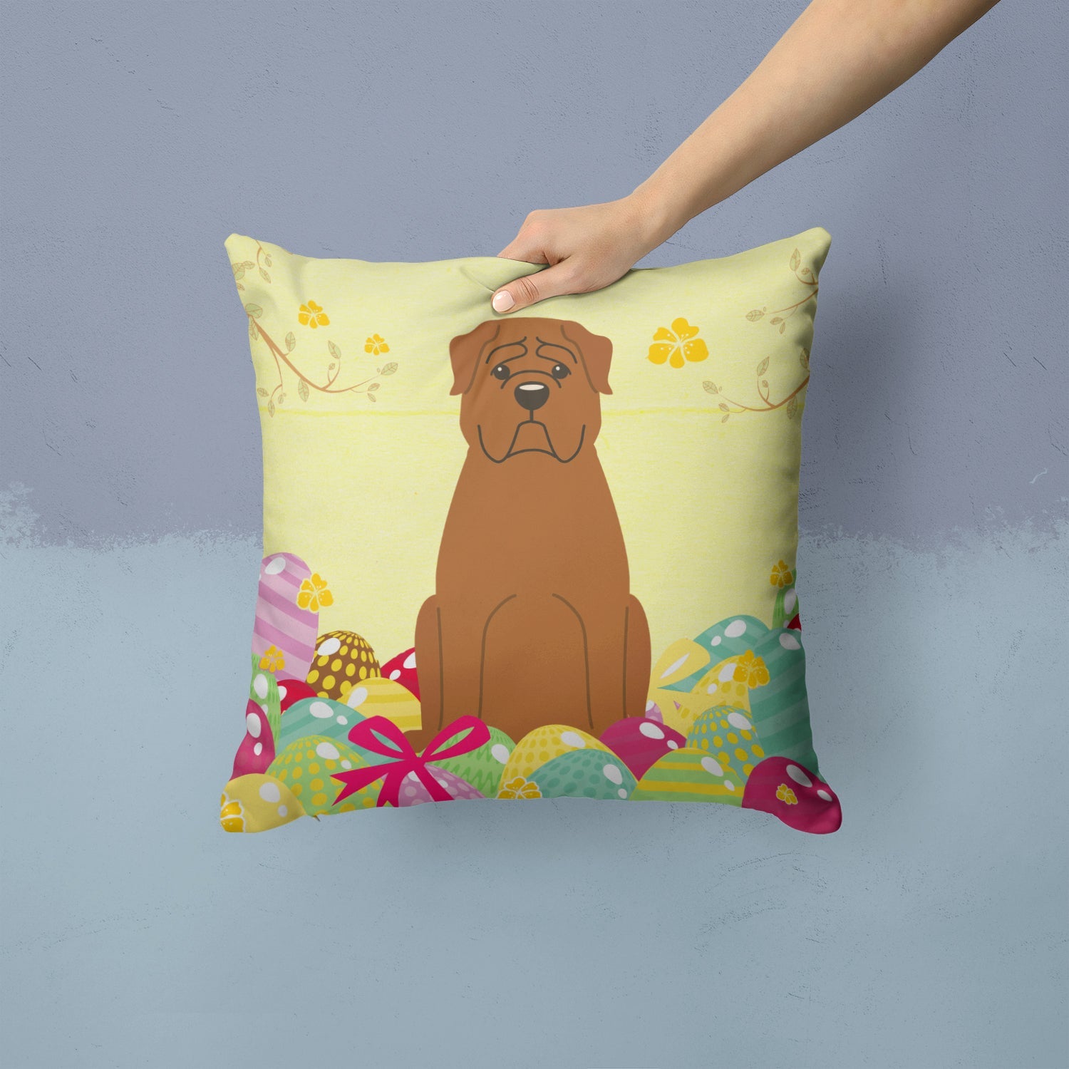 Easter Eggs Dogue de Bourdeaux Decorative Throw Pillow 14x14 Indoor Outdoor Accent Cushion, Fabric Cover with Insert for Sofa, Bed, Porch & Living Room
