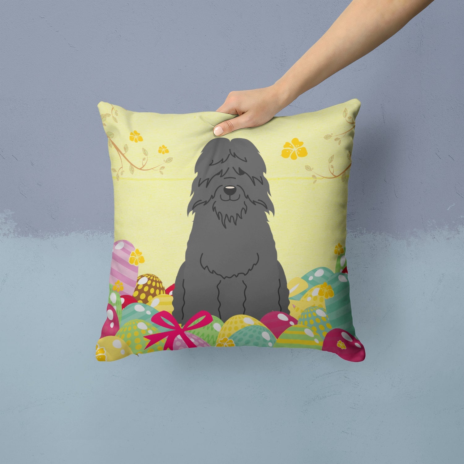 Easter Eggs Bouvier des Flandres Decorative Throw Pillow 14x14 Indoor Outdoor Accent Cushion, Fabric Cover with Insert for Sofa, Bed, Porch & Living Room