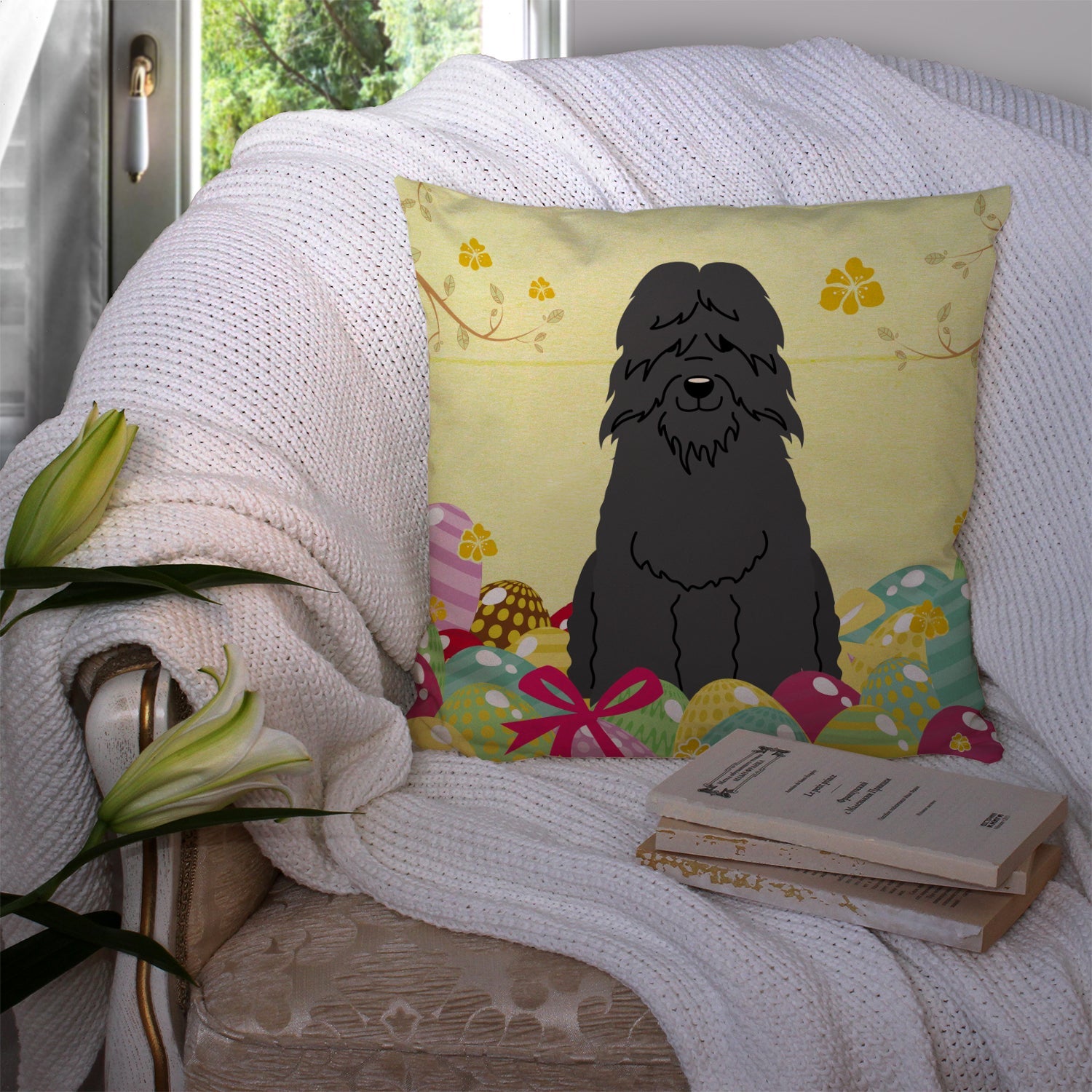 Easter Eggs Bouvier des Flandres Decorative Throw Pillow 14x14 Indoor Outdoor Accent Cushion, Fabric Cover with Insert for Sofa, Bed, Porch & Living Room