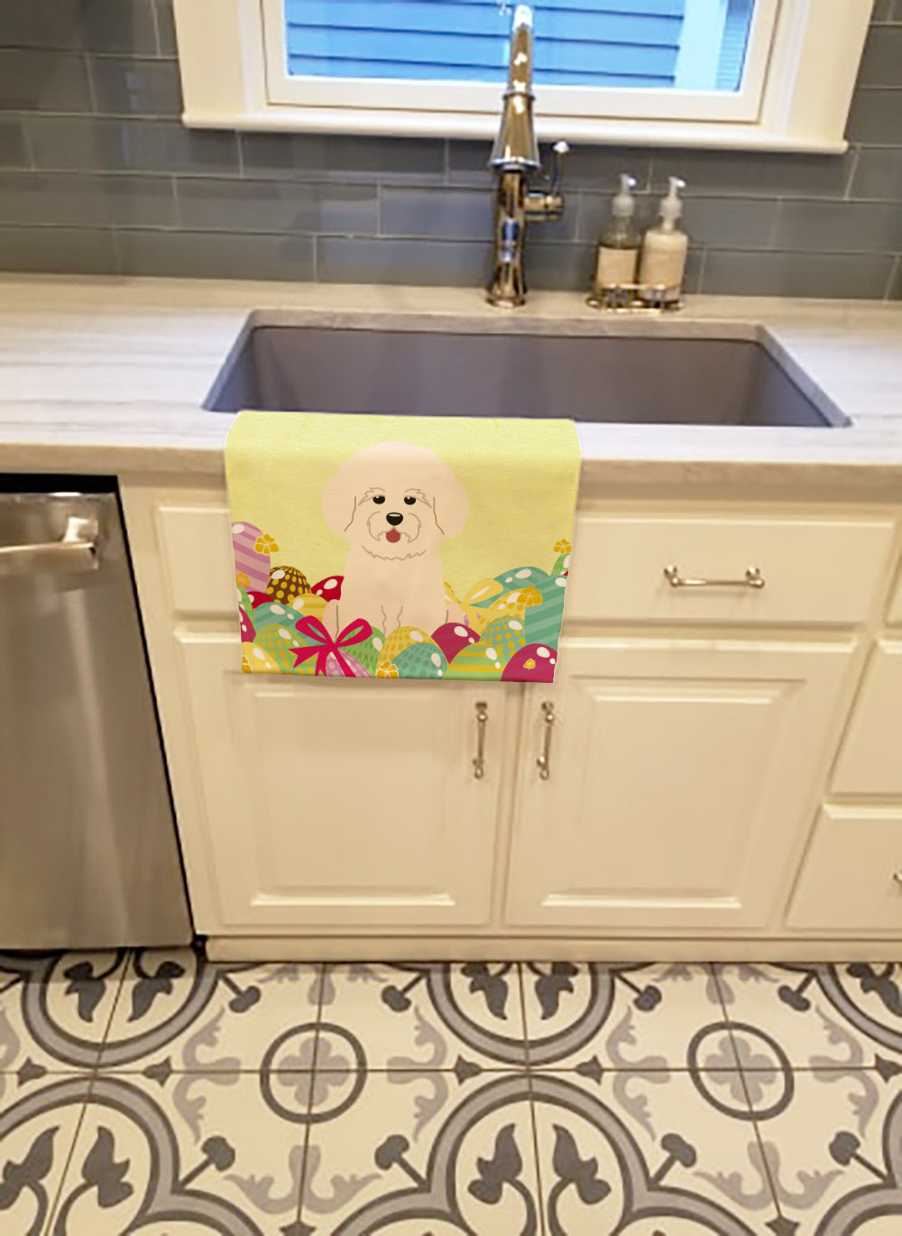 Easter Eggs Bichon Frise Kitchen Towel Velour Plush Front and Cotton Loop Back Machine Washable