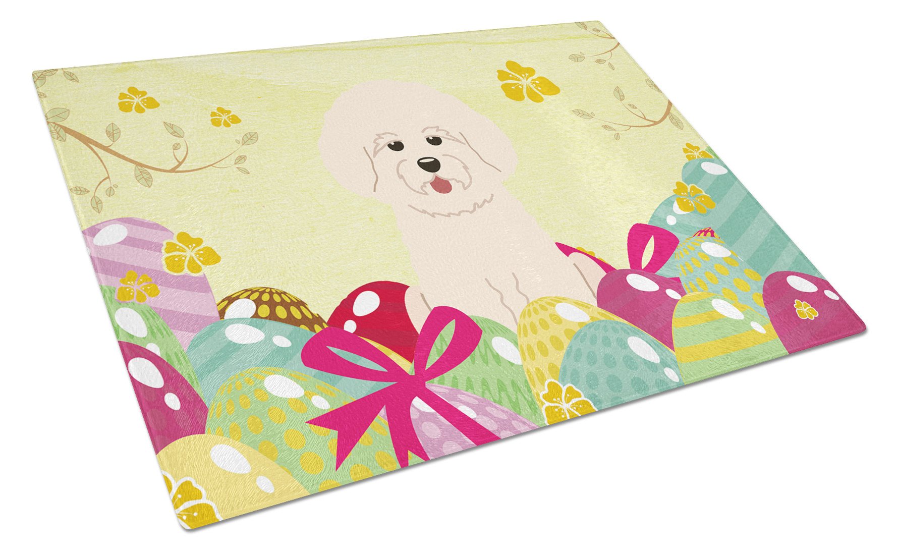Easter Eggs Bichon Frise Cutting Board Tempered Glass Kitchen Cutting Surface, Heat Resistant Chopping, Non-Slip Feet, Food Prep & Serving