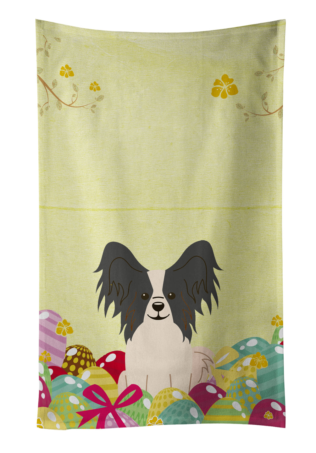 Easter Eggs Papillon Black White Kitchen Towel Velour Plush Front and Cotton Loop Back Machine Washable