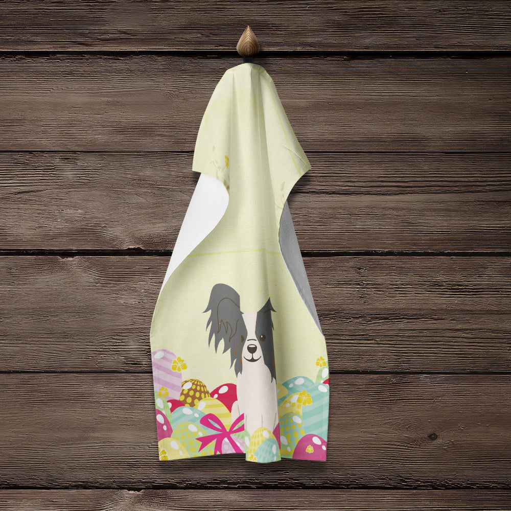 Easter Eggs Papillon Black White Kitchen Towel Velour Plush Front and Cotton Loop Back Machine Washable