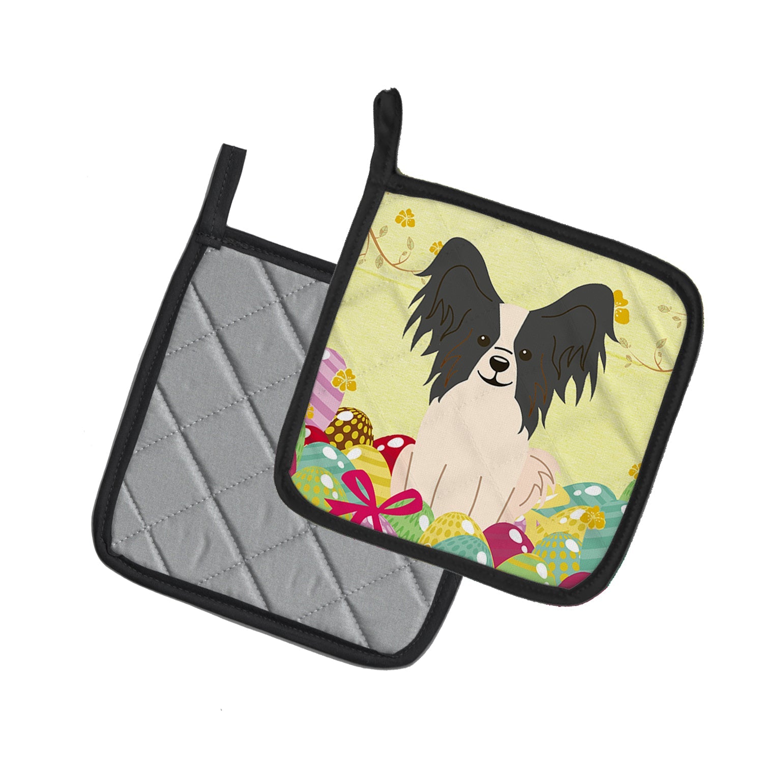 Easter Eggs Papillon Black White Pot Holder Set of 2 Heat Resistant Quilted Hot Pads 7.5 x 7.5 Inch, Insulated Kitchen Trivets for Cooking & Baking