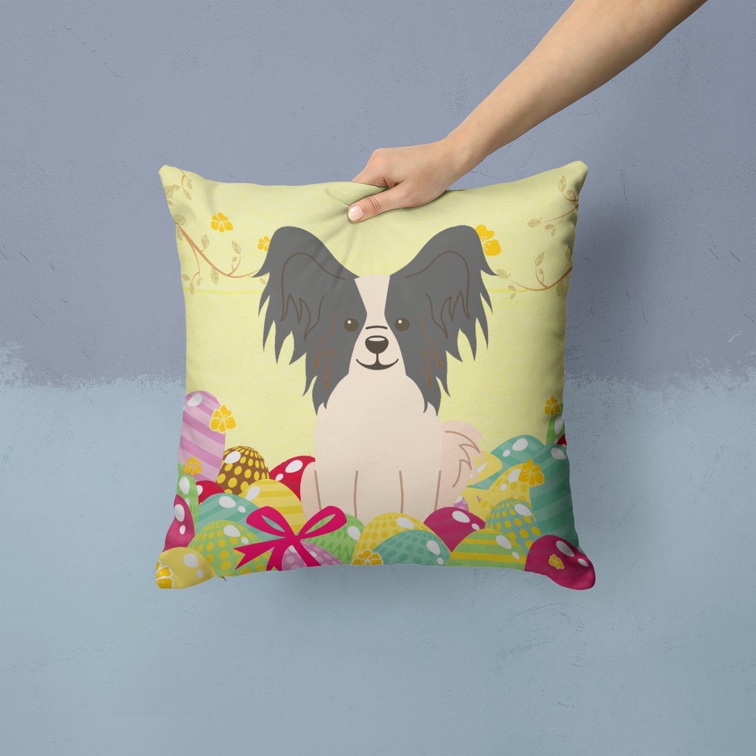 Easter Eggs Papillon Black White Decorative Throw Pillow 14x14 Indoor Outdoor Accent Cushion, Fabric Cover with Insert for Sofa, Bed, Porch & Living Room
