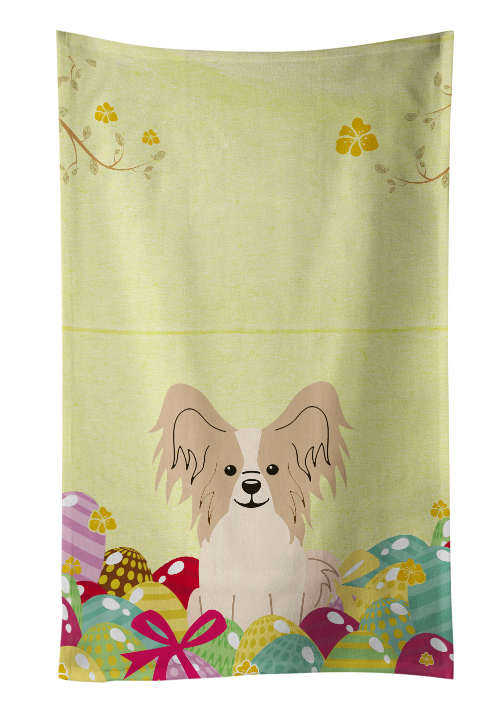 Easter Eggs Papillon Sable White Kitchen Towel Velour Plush Front and Cotton Loop Back Machine Washable