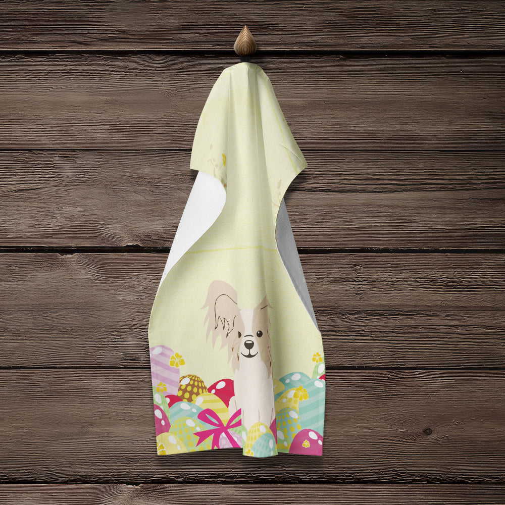 Easter Eggs Papillon Sable White Kitchen Towel Velour Plush Front and Cotton Loop Back Machine Washable