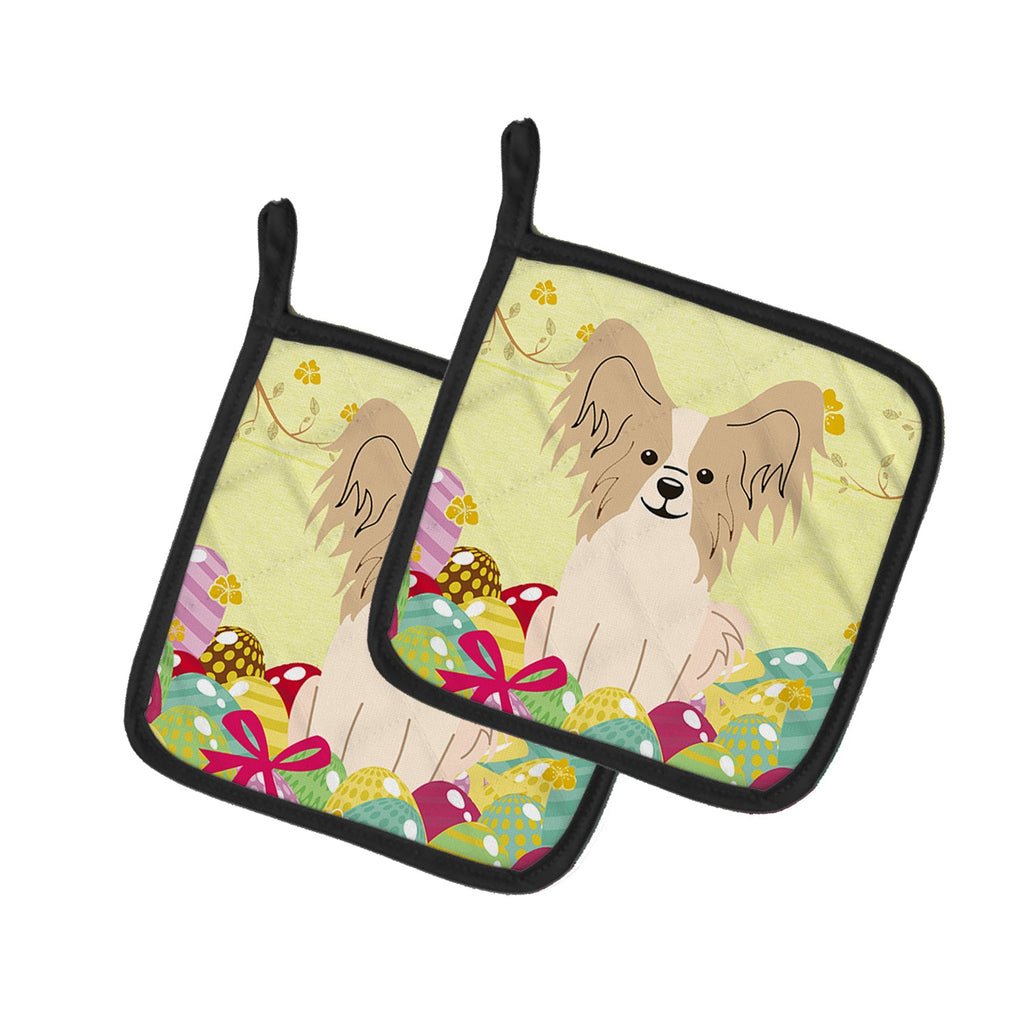 Easter Eggs Papillon Sable White Pot Holder Set of 2 Heat Resistant Quilted Hot Pads 7.5 x 7.5 Inch, Insulated Kitchen Trivets for Cooking & Baking