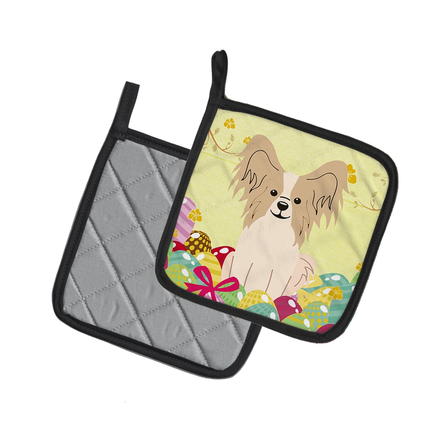 Easter Eggs Papillon Sable White Pot Holder Set of 2 Heat Resistant Quilted Hot Pads 7.5 x 7.5 Inch, Insulated Kitchen Trivets for Cooking & Baking