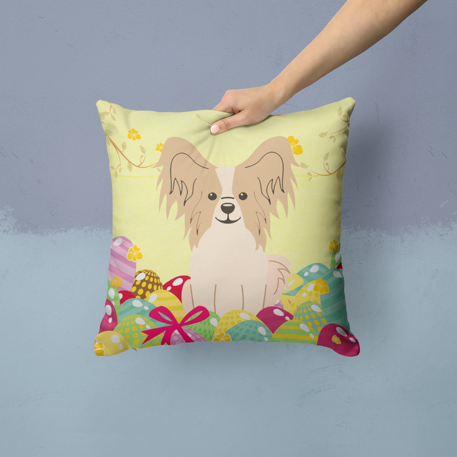 Easter Eggs Papillon Sable White Decorative Throw Pillow 14x14 Indoor Outdoor Accent Cushion, Fabric Cover with Insert for Sofa, Bed, Porch & Living Room