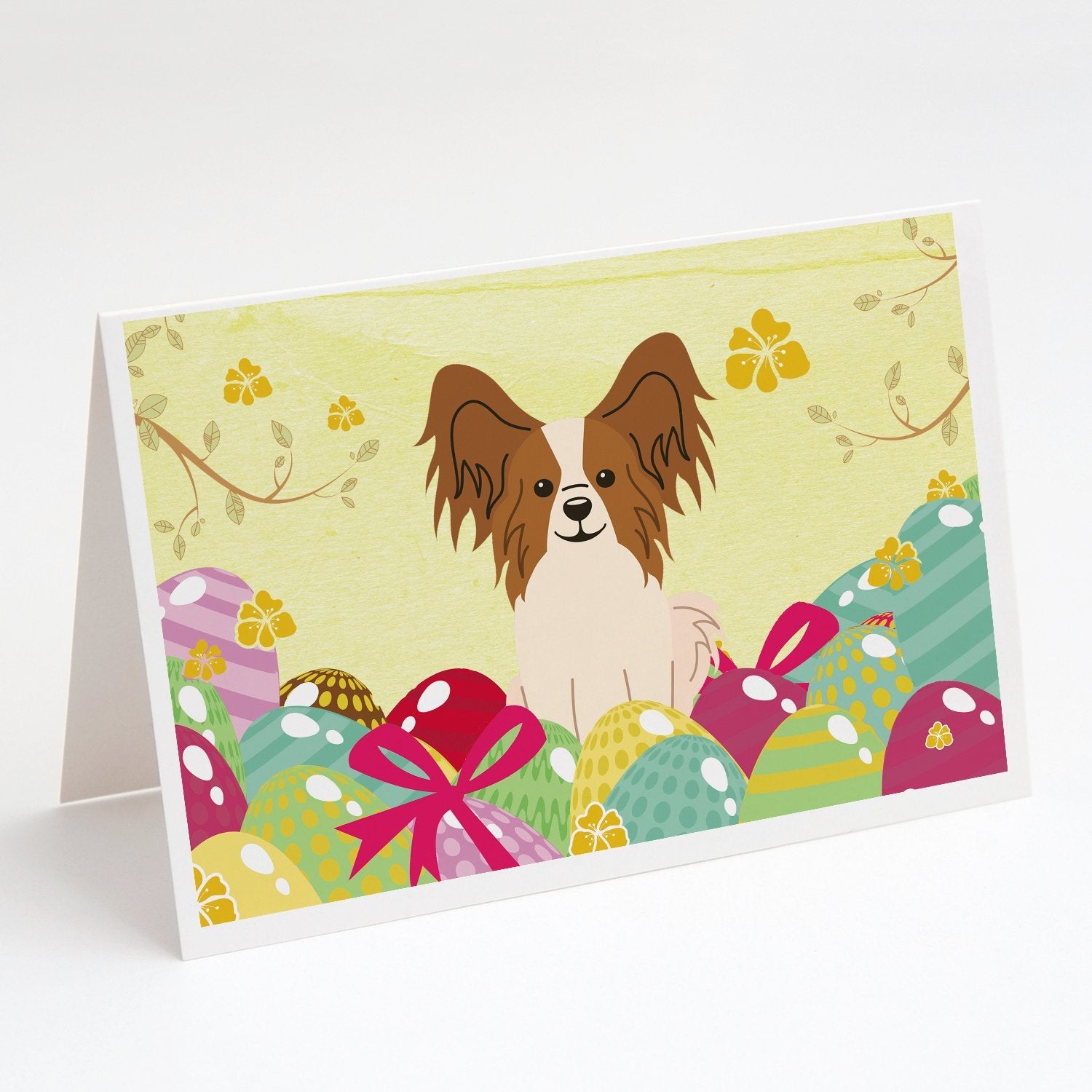 Easter Eggs Papillon Red White Greeting Cards Pack of 8 Blank Cards with Envelopes Whimsical A7 Size 5x7