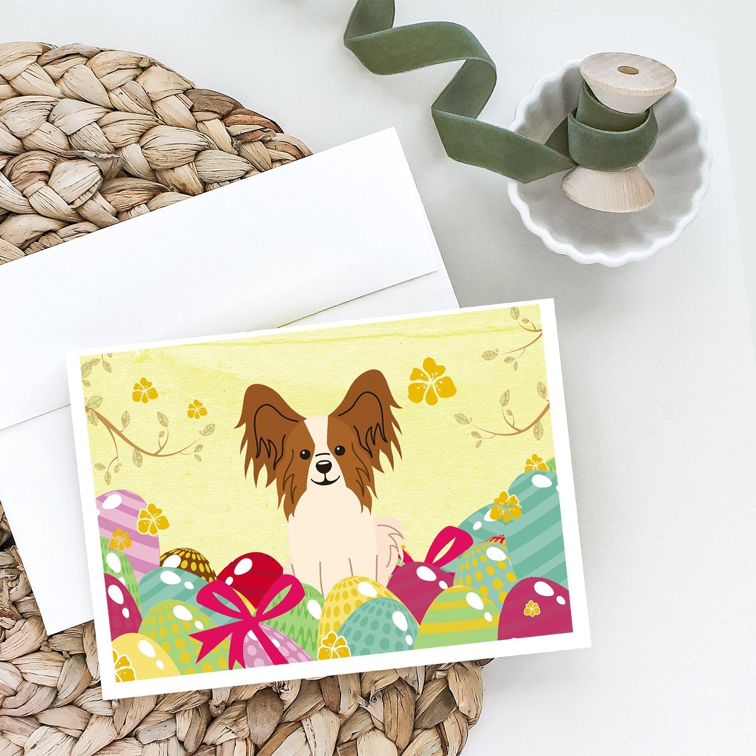 Easter Eggs Papillon Red White Greeting Cards Pack of 8 Blank Cards with Envelopes Whimsical A7 Size 5x7
