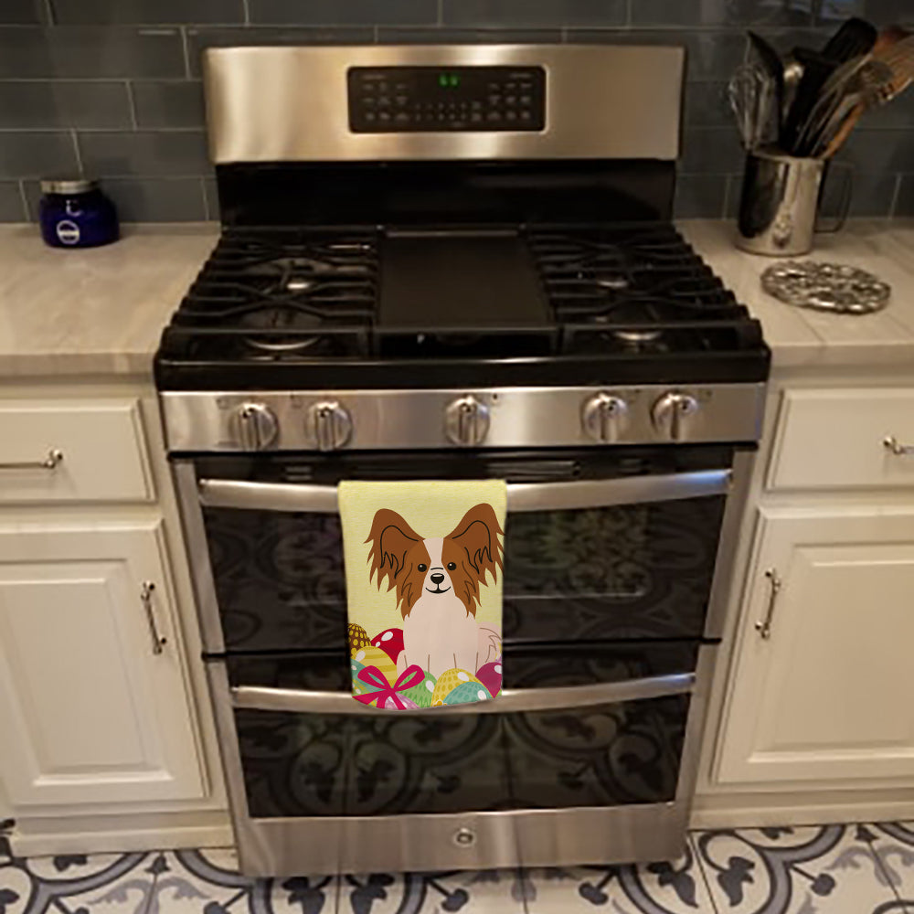 Easter Eggs Papillon Red White Kitchen Towel Velour Plush Front and Cotton Loop Back Machine Washable