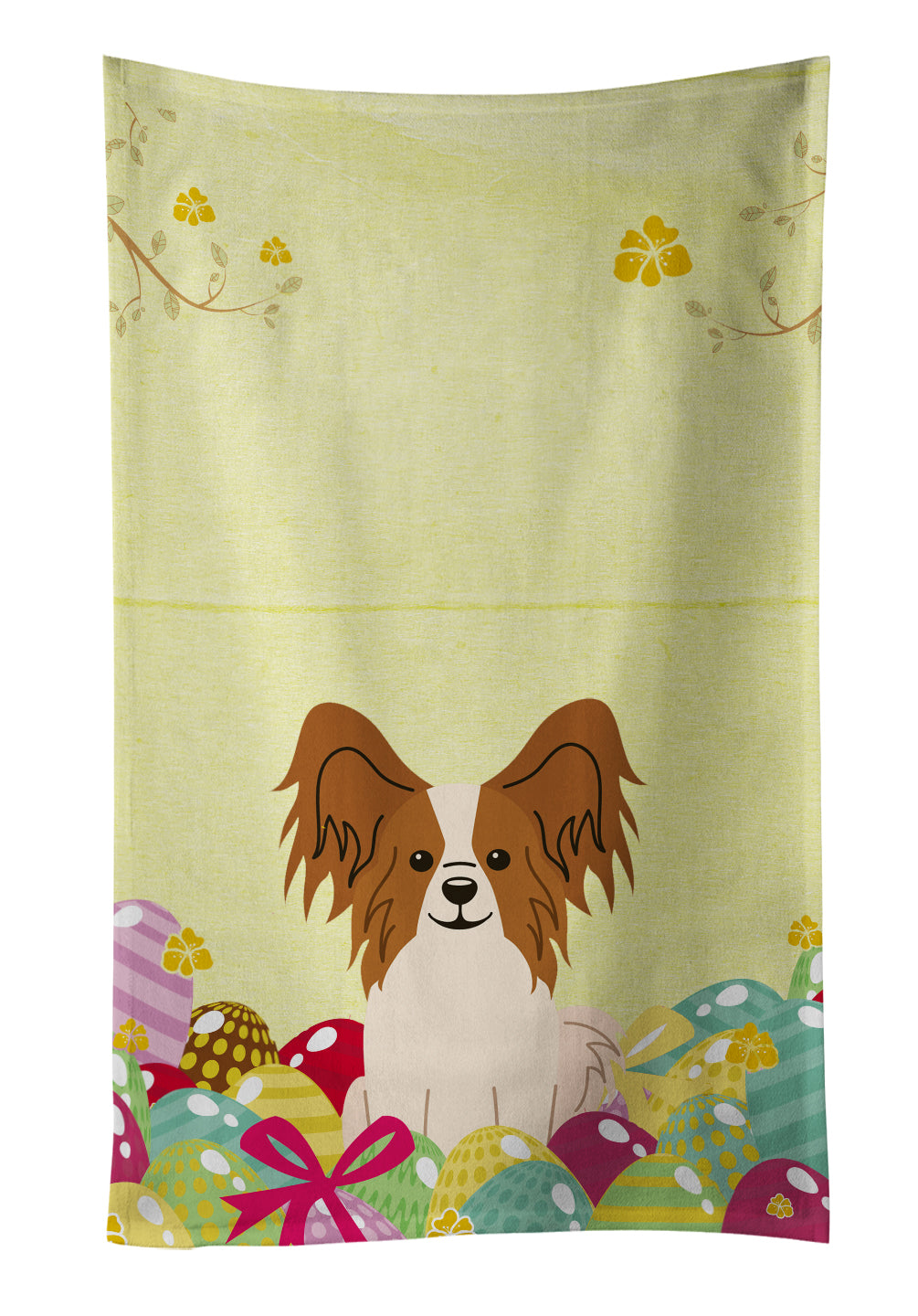 Easter Eggs Papillon Red White Kitchen Towel Velour Plush Front and Cotton Loop Back Machine Washable