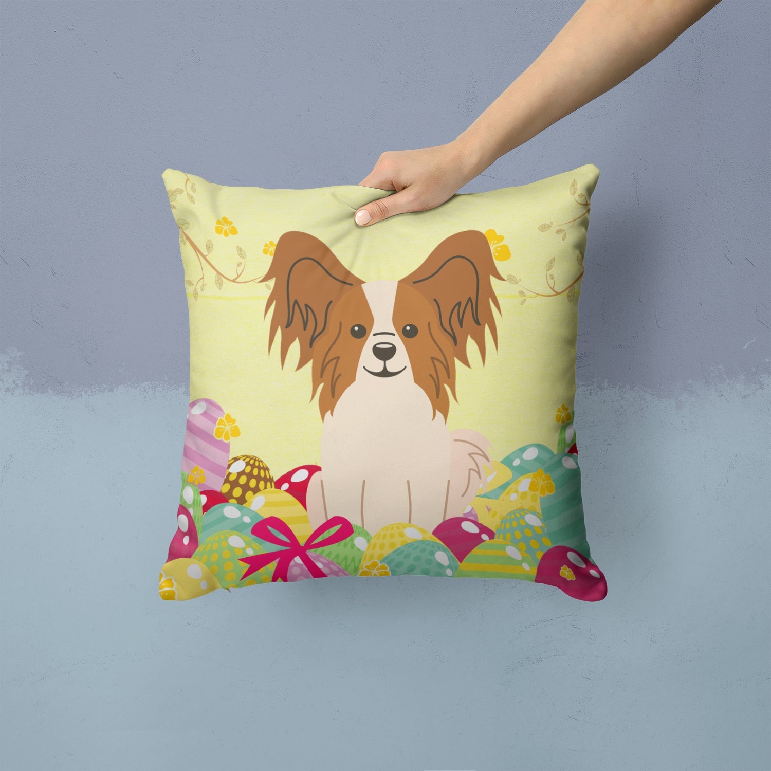 Easter Eggs Papillon Red White Decorative Throw Pillow 14x14 Indoor Outdoor Accent Cushion, Fabric Cover with Insert for Sofa, Bed, Porch & Living Room