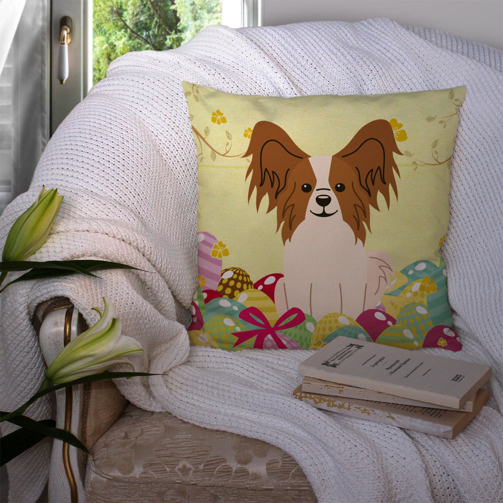 Easter Eggs Papillon Red White Decorative Throw Pillow 14x14 Indoor Outdoor Accent Cushion, Fabric Cover with Insert for Sofa, Bed, Porch & Living Room