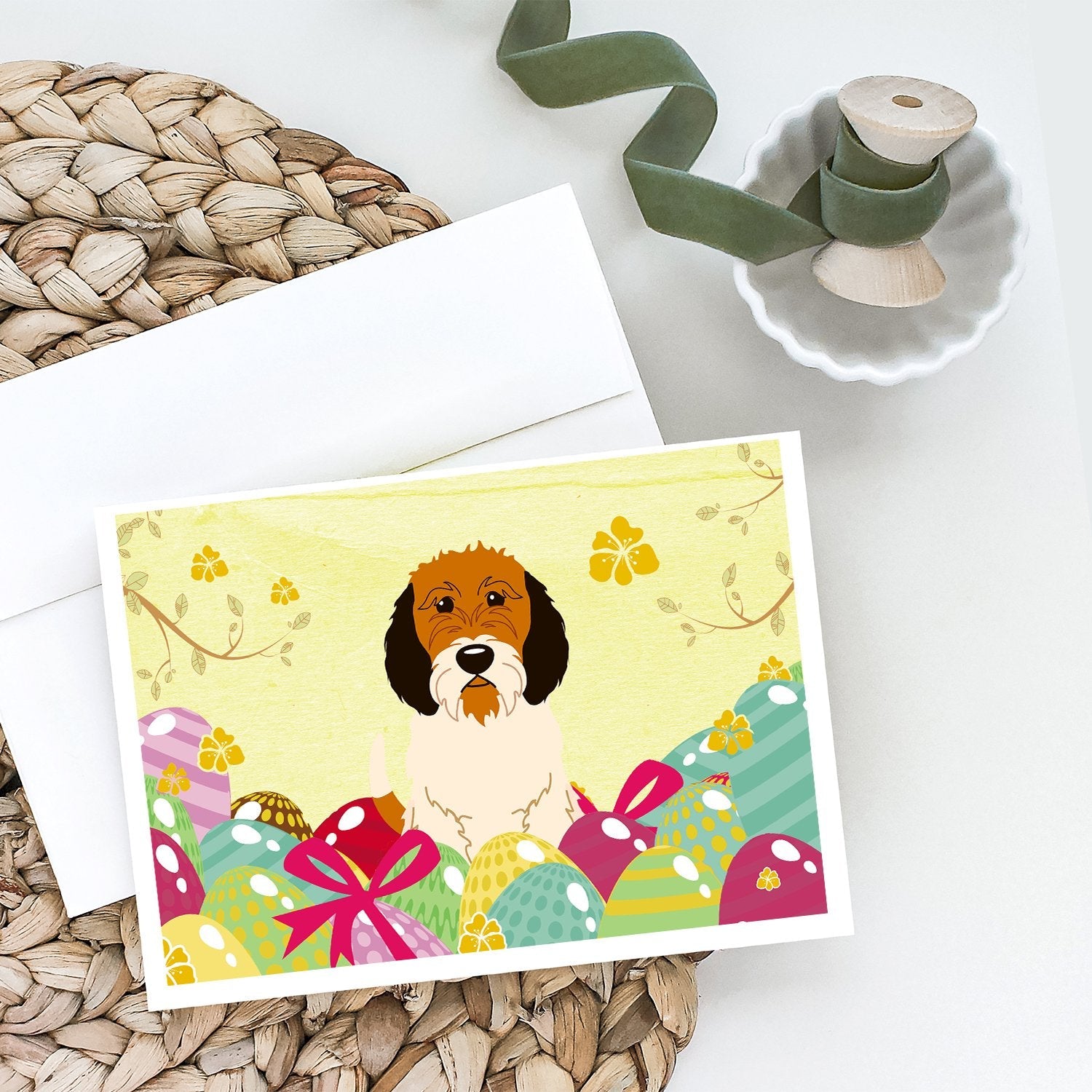 Easter Eggs Petit Basset Griffon Veenden Greeting Cards Pack of 8 Blank Cards with Envelopes Whimsical A7 Size 5x7