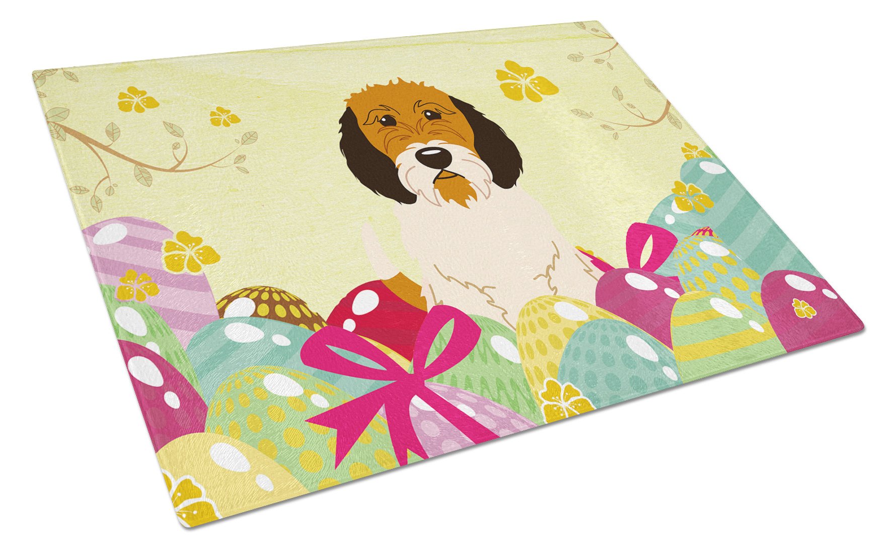 Easter Eggs Petit Basset Griffon Veenden Cutting Board Tempered Glass Kitchen Cutting Surface, Heat Resistant Chopping, Non-Slip Feet, Food Prep & Serving
