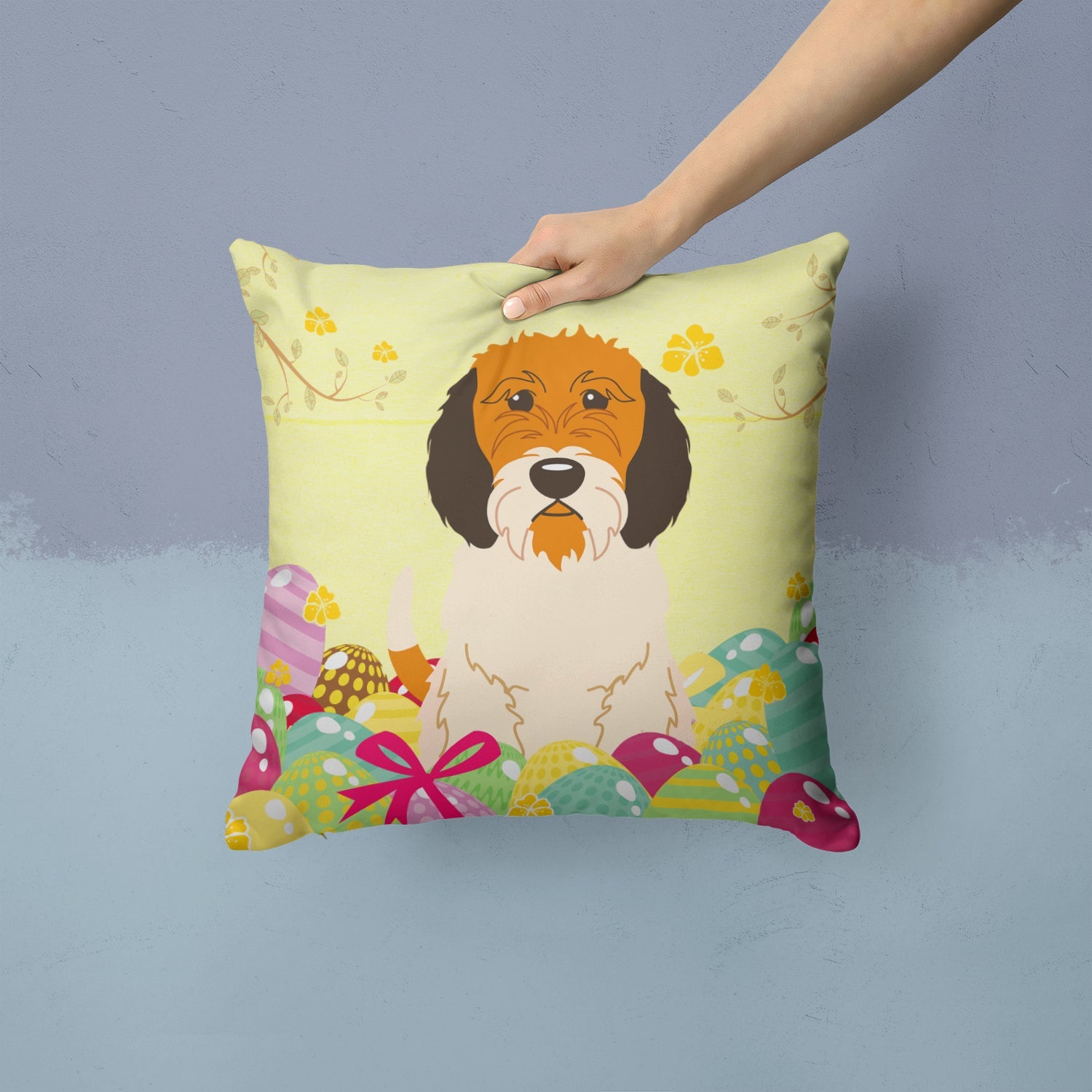 Easter Eggs Petit Basset Griffon Veenden Decorative Throw Pillow 14x14 Indoor Outdoor Accent Cushion, Fabric Cover with Insert for Sofa, Bed, Porch & Living Room