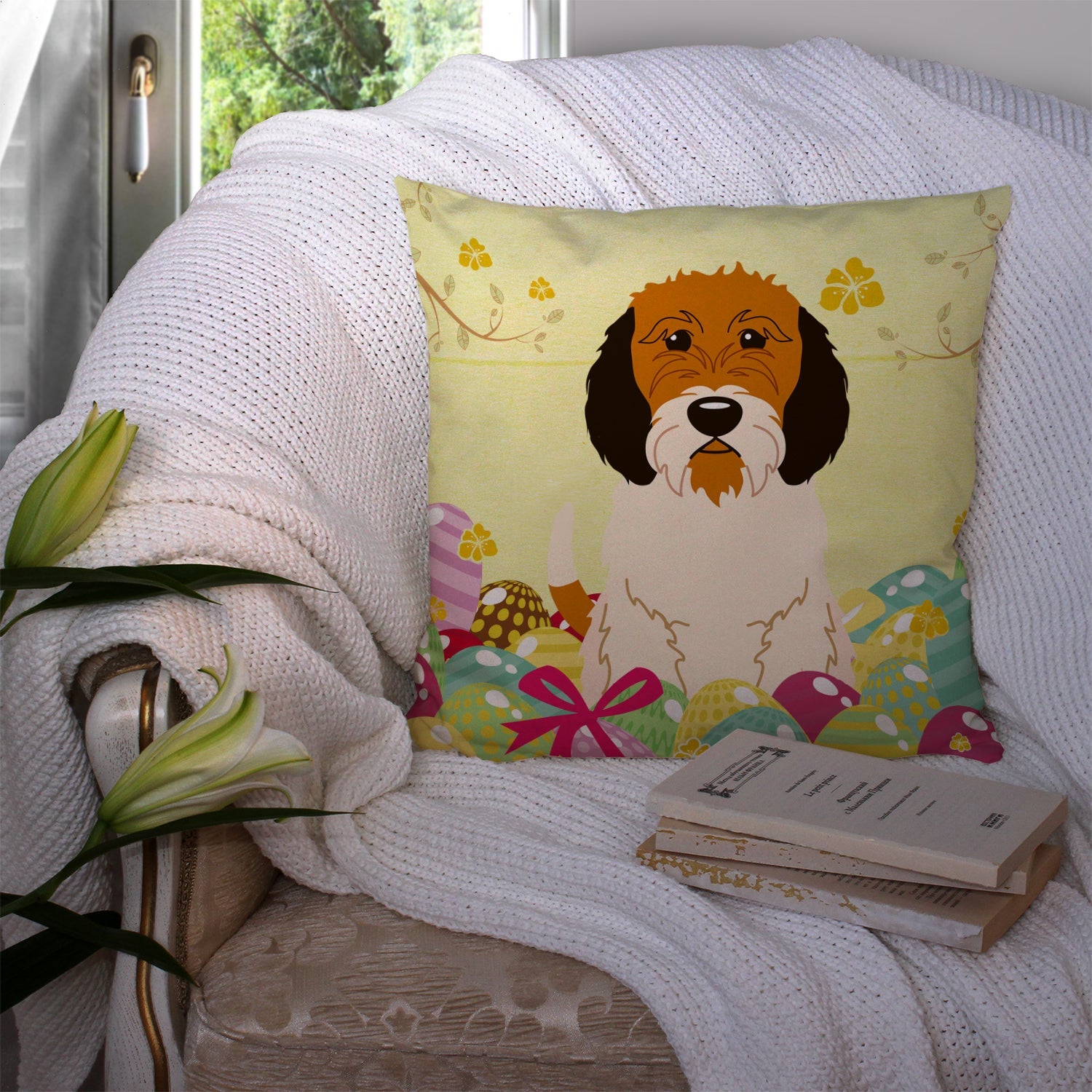 Easter Eggs Petit Basset Griffon Veenden Decorative Throw Pillow 14x14 Indoor Outdoor Accent Cushion, Fabric Cover with Insert for Sofa, Bed, Porch & Living Room