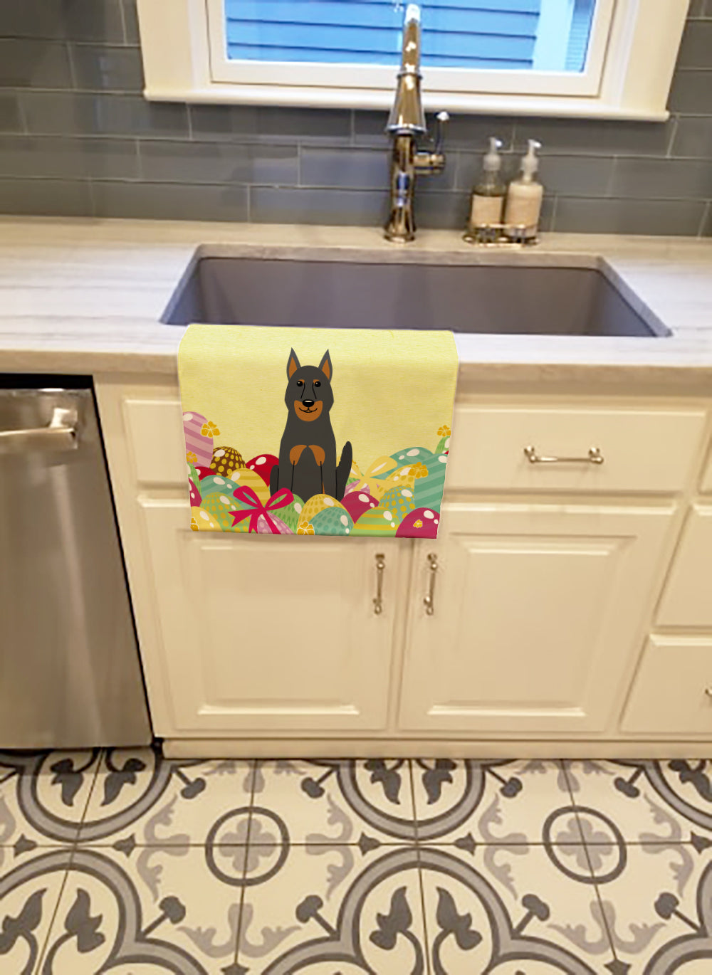 Easter Eggs Beauce Shepherd Dog Kitchen Towel Velour Plush Front and Cotton Loop Back Machine Washable