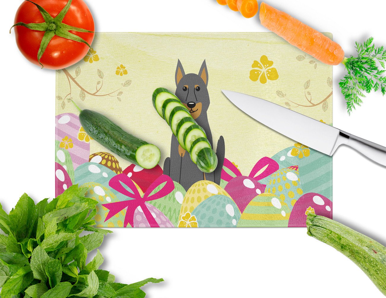 Easter Eggs Beauce Shepherd Dog Cutting Board Tempered Glass Kitchen Cutting Surface, Heat Resistant Chopping, Non-Slip Feet, Food Prep & Serving