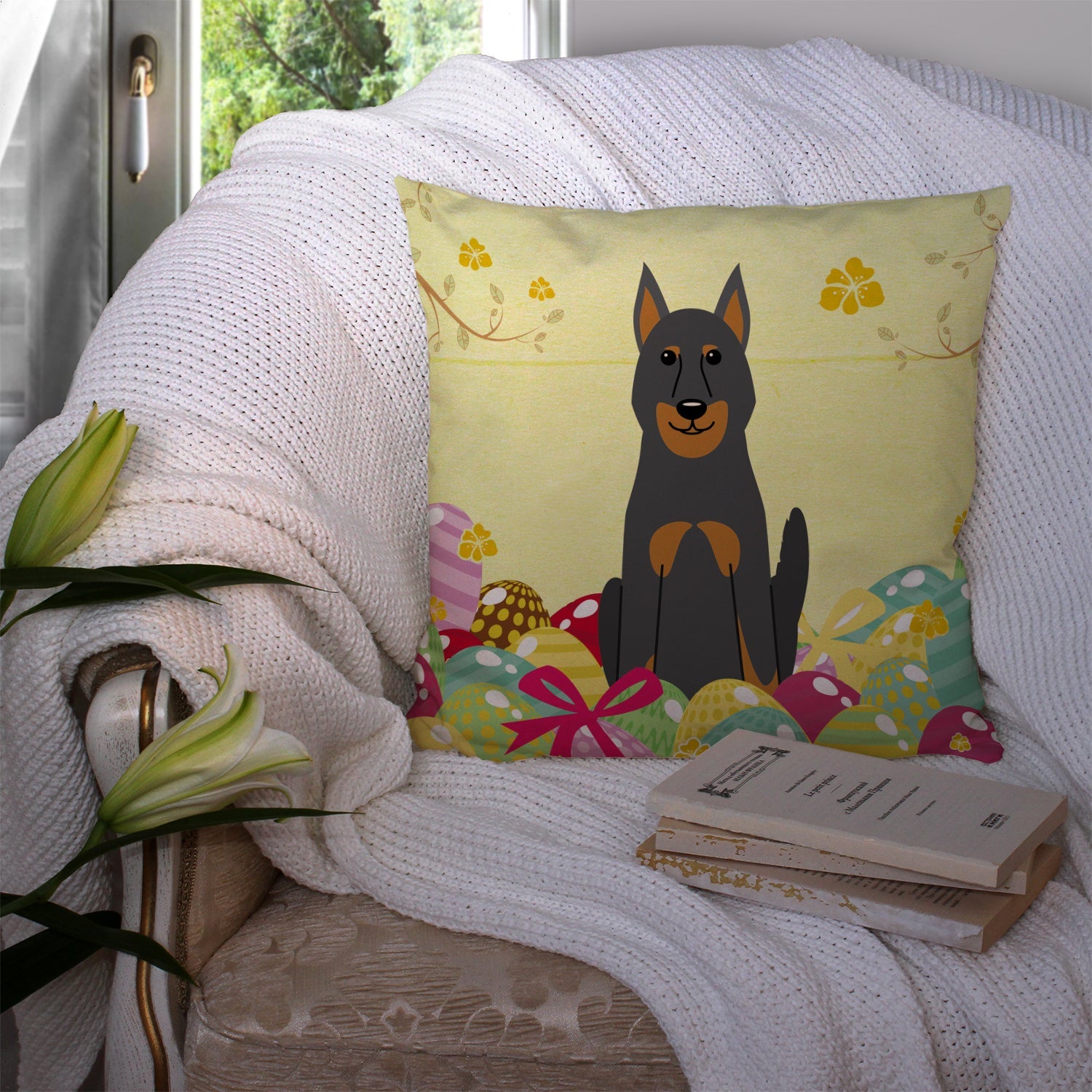 Easter Eggs Beauce Shepherd Dog Decorative Throw Pillow 14x14 Indoor Outdoor Accent Cushion, Fabric Cover with Insert for Sofa, Bed, Porch & Living Room