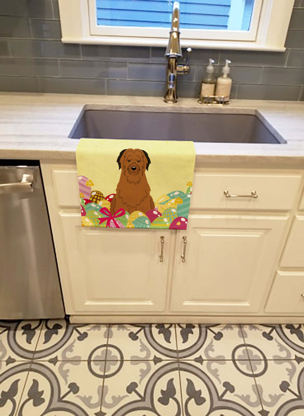Easter Eggs Briard Brown Kitchen Towel Velour Plush Front and Cotton Loop Back Machine Washable
